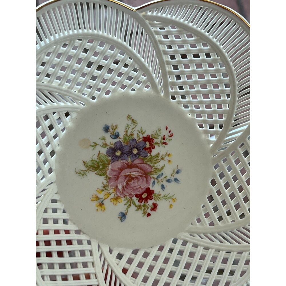 Unique Bone China Lattice Lace Bowl handpaint Woven Basket Bowl 7" Fairy Core